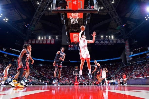 Alperen Sengun of the Houston Rockets shoots the ball during a preseason game against the Miami Heat on October 7, 2021 at the Toyota Center in...