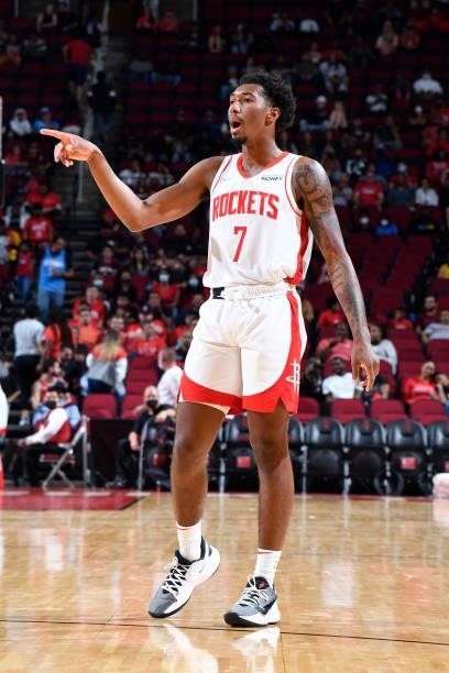 Armoni Brooks of the Houston Rockets points during a preseason game against the Miami Heat on October 7, 2021 at the Toyota Center in Houston, Texas....