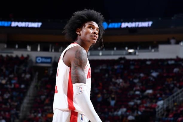Kevin Porter Jr. #3 of the Houston Rockets looks on during a preseason game against the Miami Heat on October 7, 2021 at the Toyota Center in...