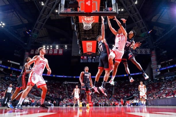 Dante Exum of the Houston Rockets shoots the ball during a preseason game against the Houston Rockets on October 7, 2021 at the Toyota Center in...
