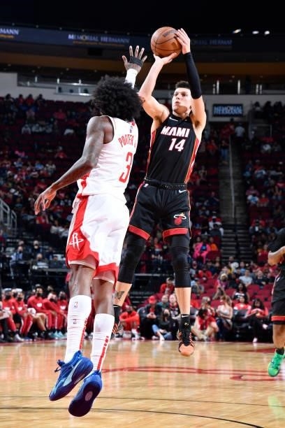 Tyler Herro of the Miami Heat shoots the ball during a preseason game against the Houston Rockets on October 7, 2021 at the Toyota Center in Houston,...