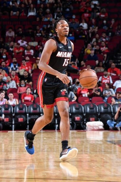 Javonte Smart of the Miami Heat dribbles the ball during a preseason game against the Houston Rockets on October 7, 2021 at the Toyota Center in...