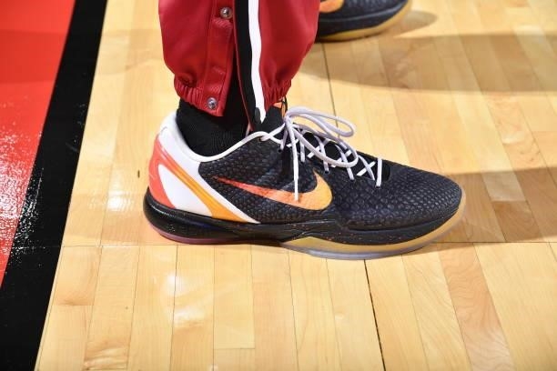 The sneakers of P.J. Tucker of the Miami Heat during a preseason game against the Houston Rockets on October 7, 2021 at the Toyota Center in Houston,...