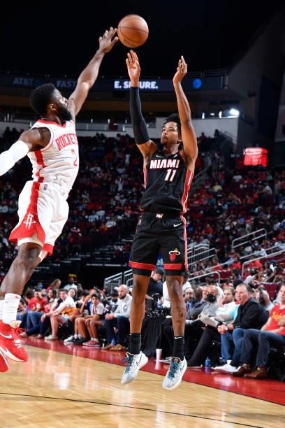 Okpala of the Miami Heat shoots the ball during a preseason game against the Houston Rockets on October 7, 2021 at the Toyota Center in Houston,...