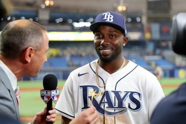 Randy Arozarena of the Tampa Bay Rays speaks with the media after the Rays defeated the Boston Red Sox 5-0 in Game 1 of the ALDS at Tropicana Field...