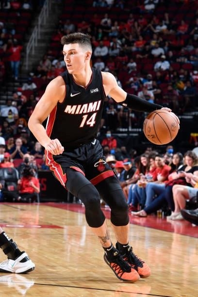 Tyler Herro of the Miami Heat handles the ball during the preseason game against the Houston Rockets on October 7, 2021 at the Toyota Center in...