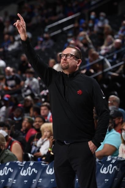 Head Coach Nick Nurse of the Toronto Raptors calls out a play during a preseason game on October 7, 2021 at Wells Fargo Center in Philadelphia,...