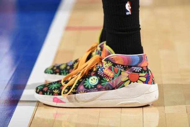 The sneakers worn by Isaac Bonga of the Toronto Raptors during a preseason game on October 7, 2021 at Wells Fargo Center in Philadelphia,...