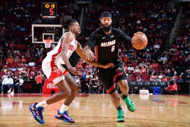 Markieff Morris of the Miami Heat drives to the basket during a preseason game against the Houston Rockets on October 7, 2021 at the Toyota Center in...