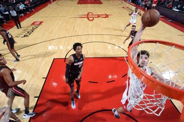Alperen Sengun of the Houston Rockets dunks the ball during a preseason game against the Miami Heat on October 7, 2021 at the Toyota Center in...