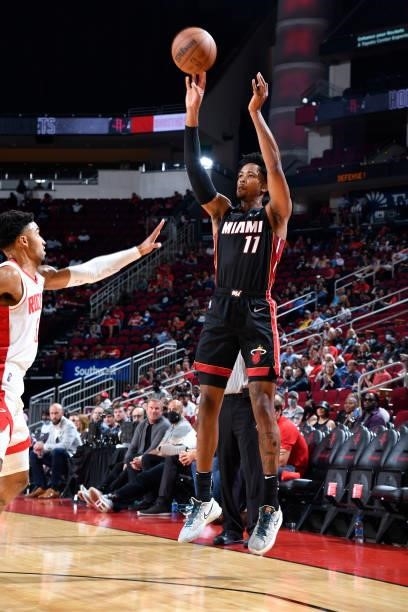 Okpala of the Miami Heat shoots the ball during a preseason game against the Houston Rockets on October 7, 2021 at the Toyota Center in Houston,...