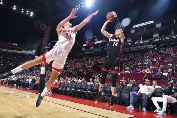 Tyler Herro of the Miami Heat shoots the ball during the preseason game against the Houston Rockets on October 7, 2021 at the Toyota Center in...