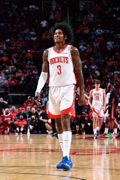 Kevin Porter Jr. #3 of the Houston Rockets smiles during a preseason game against the Miami Heat on October 7, 2021 at the Toyota Center in Houston,...