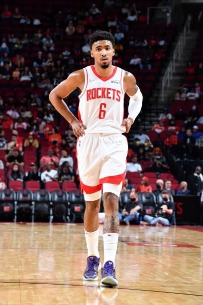 Kenyon Martin Jr. #6 of the Houston Rockets looks on during a preseason game against the Miami Heat on October 7, 2021 at the Toyota Center in...