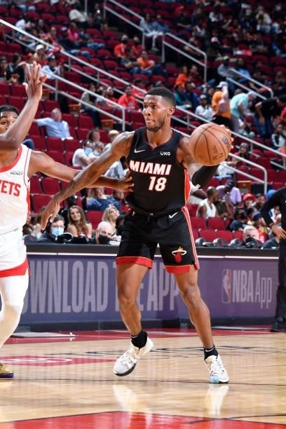 Stewart of the Miami Heat handles the ball during a preseason game against the Houston Rockets on October 7, 2021 at the Toyota Center in Houston,...