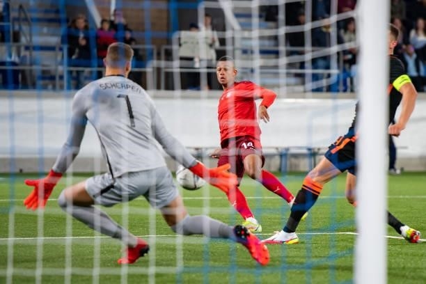 Dan Ndoye of Switzerland tries to score against Goalkeeper Kjell Scherpen of Netherlands during the 2021 UEFA European Under-21 Championship...