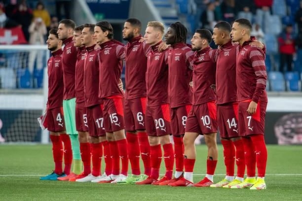 Switzerland players gather for the National Anthem before the 2021 UEFA European Under-21 Championship Qualifier match between Switzerland and...