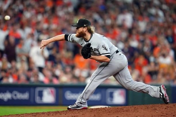 Craig Kimbrel of the Chicago White Sox pitches during Game 2 of the ALDS between the Chicago White Sox and the Houston Astros at Minute Maid Park on...