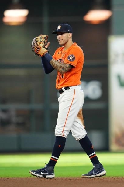 Carlos Correa of the Houston Astros celebrates after the Astros defeated the Chicago White Sox in Game 2 of the ALDS at Minute Maid Park on Friday,...