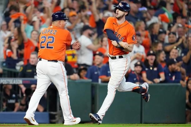Kyle Tucker of the Houston Astros rounds the bases after hitting a two-run home run in the seventh inning during Game 2 of the ALDS between the...