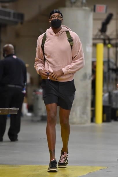 Myles Turner of the Indiana Pacers arrives to the arena prior to the preseason game against the Cleveland Cavaliers on October 8, 2021 at Rocket...