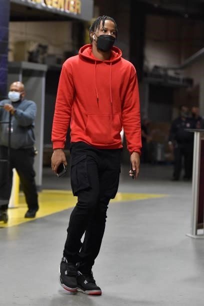 Darius Garland of the Cleveland Cavaliers arrives to the arena prior to a preseason game against the Indiana Pacers on October 8, 2021 at Rocket...