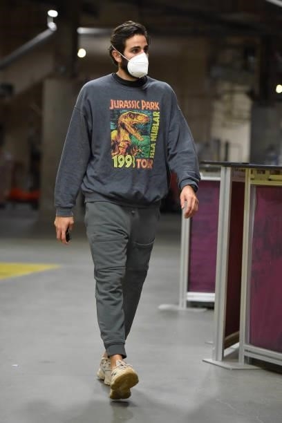 Ricky Rubio of the Cleveland Cavaliers arrives to the arena prior to the preseason game against the Indiana Pacers on October 8, 2021 at Rocket...
