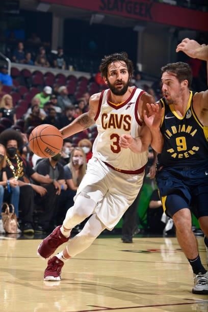 Ricky Rubio of the Cleveland Cavaliers drives to the basket during a preseason game against the Indiana Pacers on October 8, 2021 at Rocket Mortgage...