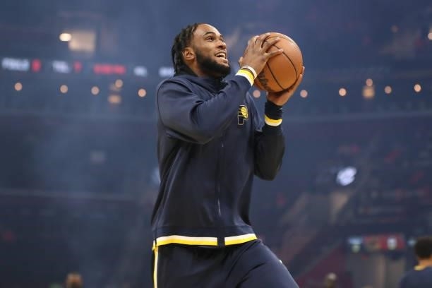 Oshae Brissett of the Indiana Pacers warms up prior to the preseason game against the Cleveland Cavaliers on October 8, 2021 at Rocket Mortgage...