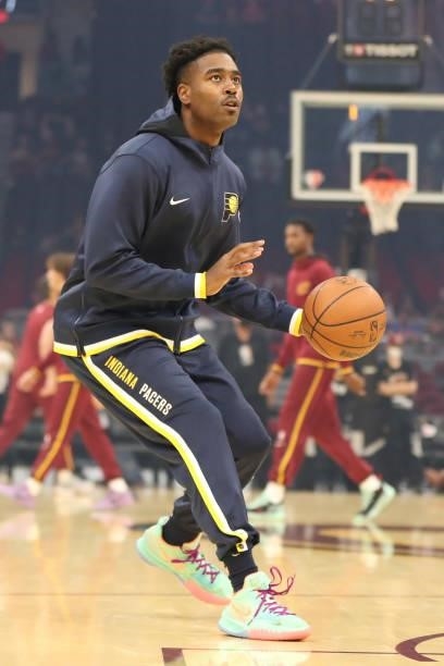 Kelan Martin of the Indiana Pacers warms up prior to a preseason game against the Cleveland Cavaliers on October 8, 2021 at Rocket Mortgage...