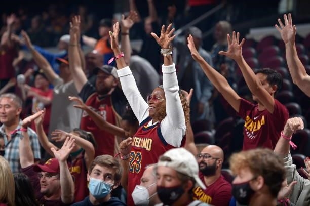 Cleveland Cavaliers fans cheer during a preseason game against the Indiana Pacers on October 8, 2021 at Rocket Mortgage FieldHouse in Cleveland,...