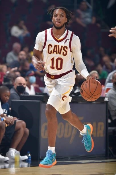 Darius Garland of the Cleveland Cavaliers dribbles the ball during a preseason game against the Indiana Pacers on October 8, 2021 at Rocket Mortgage...