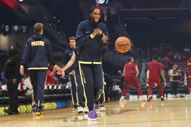 Oshae Brissett of the Indiana Pacers smiles before the preseason game against the Cleveland Cavaliers on October 8, 2021 at Rocket Mortgage...