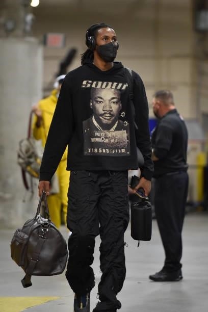 Isaiah Jackson of the Indiana Pacers arrives to the arena prior to a preseason game against the Cleveland Cavaliers on October 8, 2021 at Rocket...
