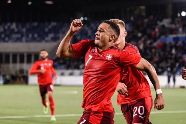 Noah Okafor of Switzerland celebrating the opening goal of Switzerland with his teammates during the UEFA European Under-21 Qualifiers match between...