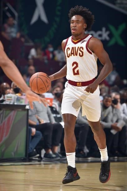Collin Sexton of the Cleveland Cavaliers dribbles the ball during a preseason game against the Indiana Pacers on October 8, 2021 at Rocket Mortgage...