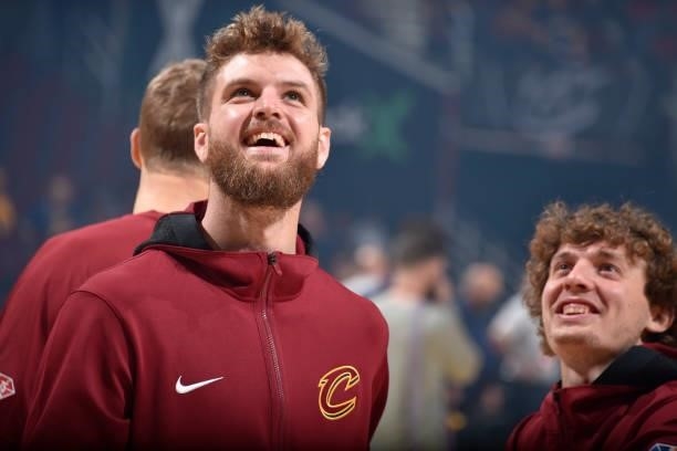 Dean Wade of the Cleveland Cavaliers smiles before the preseason game against the Indiana Pacers on October 8, 2021 at Rocket Mortgage FieldHouse in...
