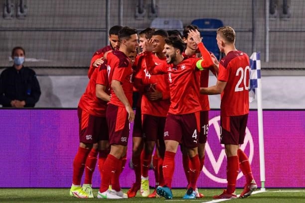 Noah Okafor of Switzerland celebrating his second goal with his teammates during the UEFA European Under-21 Qualifiers match between Switzerland and...