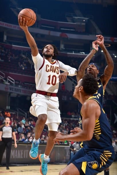 Darius Garland of the Cleveland Cavaliers drives to the basket during a preseason game against the Indiana Pacers on October 8, 2021 at Rocket...