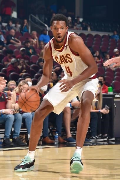 Evan Mobley of the Cleveland Cavaliers drives to the basket during a preseason game against the Indiana Pacers on October 8, 2021 at Rocket Mortgage...