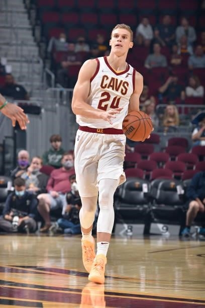 Lauri Markkanen of the Cleveland Cavaliers handles the ball during a preseason game against the Indiana Pacers on October 8, 2021 at Rocket Mortgage...
