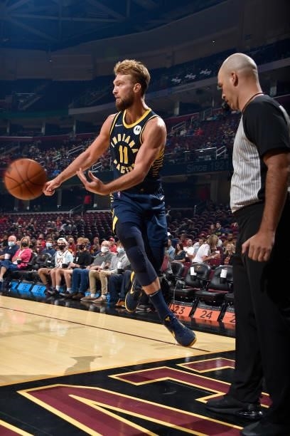 Domantas Sabonis of the Indiana Pacers passes the ball during a preseason game against the Cleveland Cavaliers on October 8, 2021 at Rocket Mortgage...