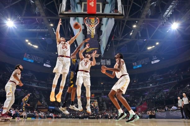 Lauri Markkanen of the Cleveland Cavaliers catches the rebound during a preseason game against the Indiana Pacers on October 8, 2021 at Rocket...