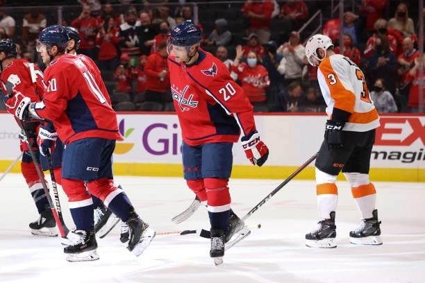 Washington Capitals center Lars Eller celebrates a first period goal during a game between the Philadelphia Flyers at Capital One Arena on October 8,...