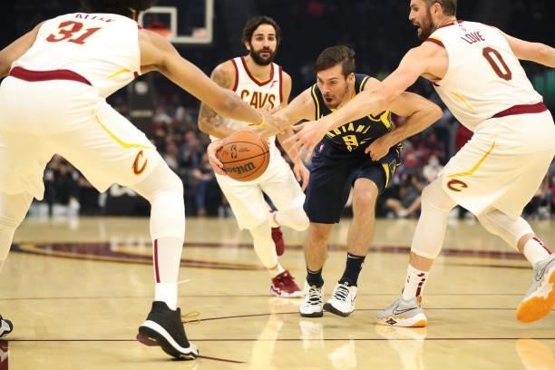 McConnell of the Indiana Pacers handles the ball during a preseason game against the Cleveland Cavaliers on October 8, 2021 at Rocket Mortgage...