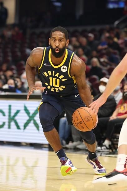 Brad Wanamaker of the Indiana Pacers drives to the basket during a preseason game against the Cleveland Cavaliers on October 8, 2021 at Rocket...