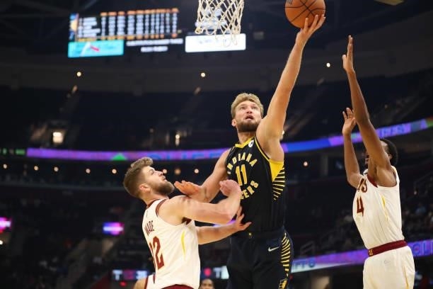 Domantas Sabonis of the Indiana Pacers shoots the ball during a preseason game against the Cleveland Cavaliers on October 8, 2021 at Rocket Mortgage...