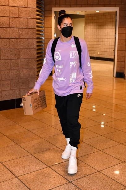 Kelsey Plum of the Las Vegas Aces arrives prior to the game against the Phoenix Mercury during Game Five of the 2021 WNBA Semifinals on October 8,...