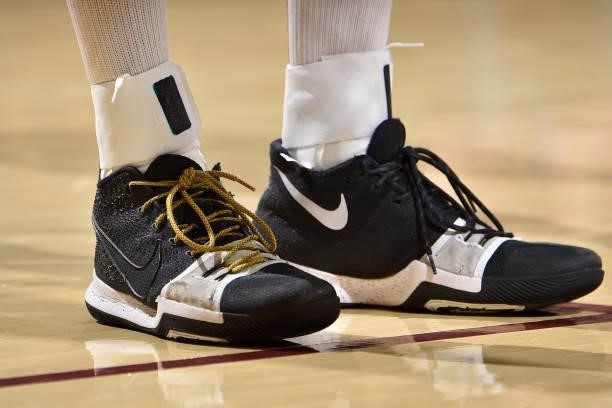 The sneakers worn by Jarrett Allen of the Cleveland Cavaliers during a preseason game against the Indiana Pacers on October 8, 2021 at Rocket...