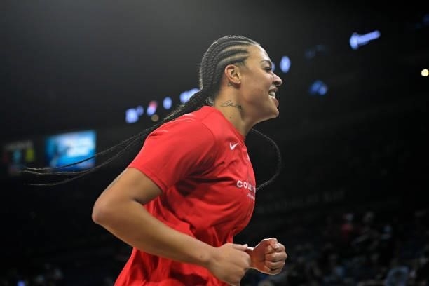 Liz Cambage of the Las Vegas Aces looks on before the game against the Las Vegas Aces on October 8, 2021 at Michelob ULTRA Arena in Las Vegas,...